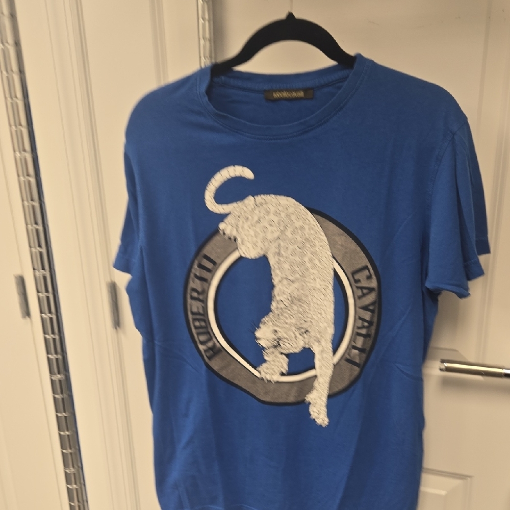 Roberto Cavalli Blue Cat Print T-Shirt